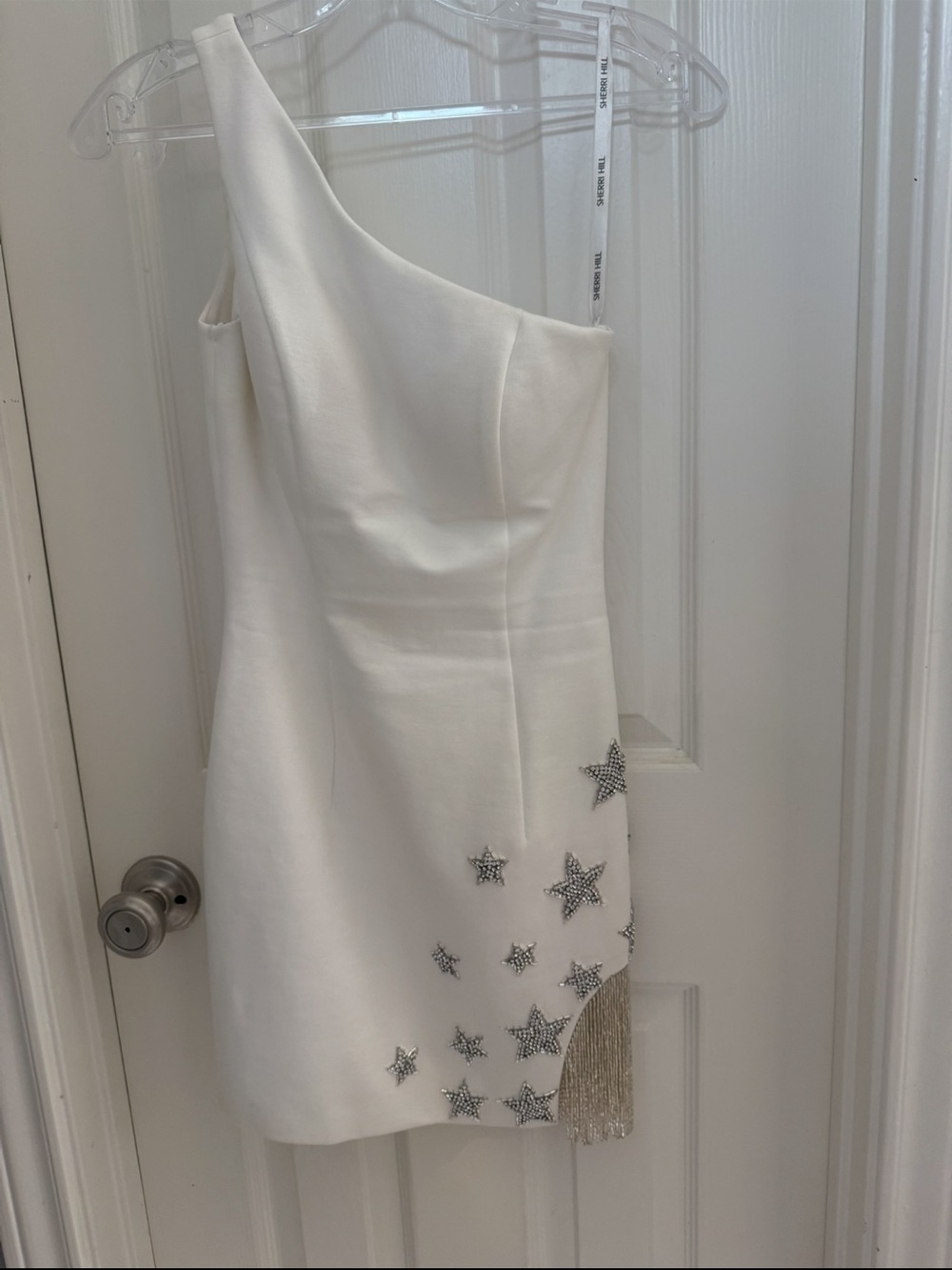 Sherri Hill One-Shoulder White Dress with Star Embellishments